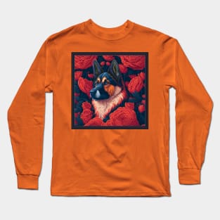 Dogs, shepherd dog and flowers, dog, seamless print, style vector (Black & red version shepherd dog) Long Sleeve T-Shirt